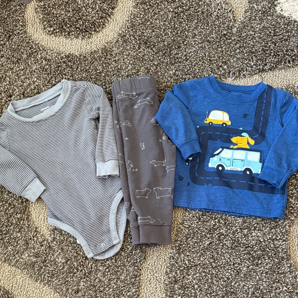 Carters Baby Boy Dog Driving Car Blue Tee Gray Striped Onesie Joggers Lot 3 Pc